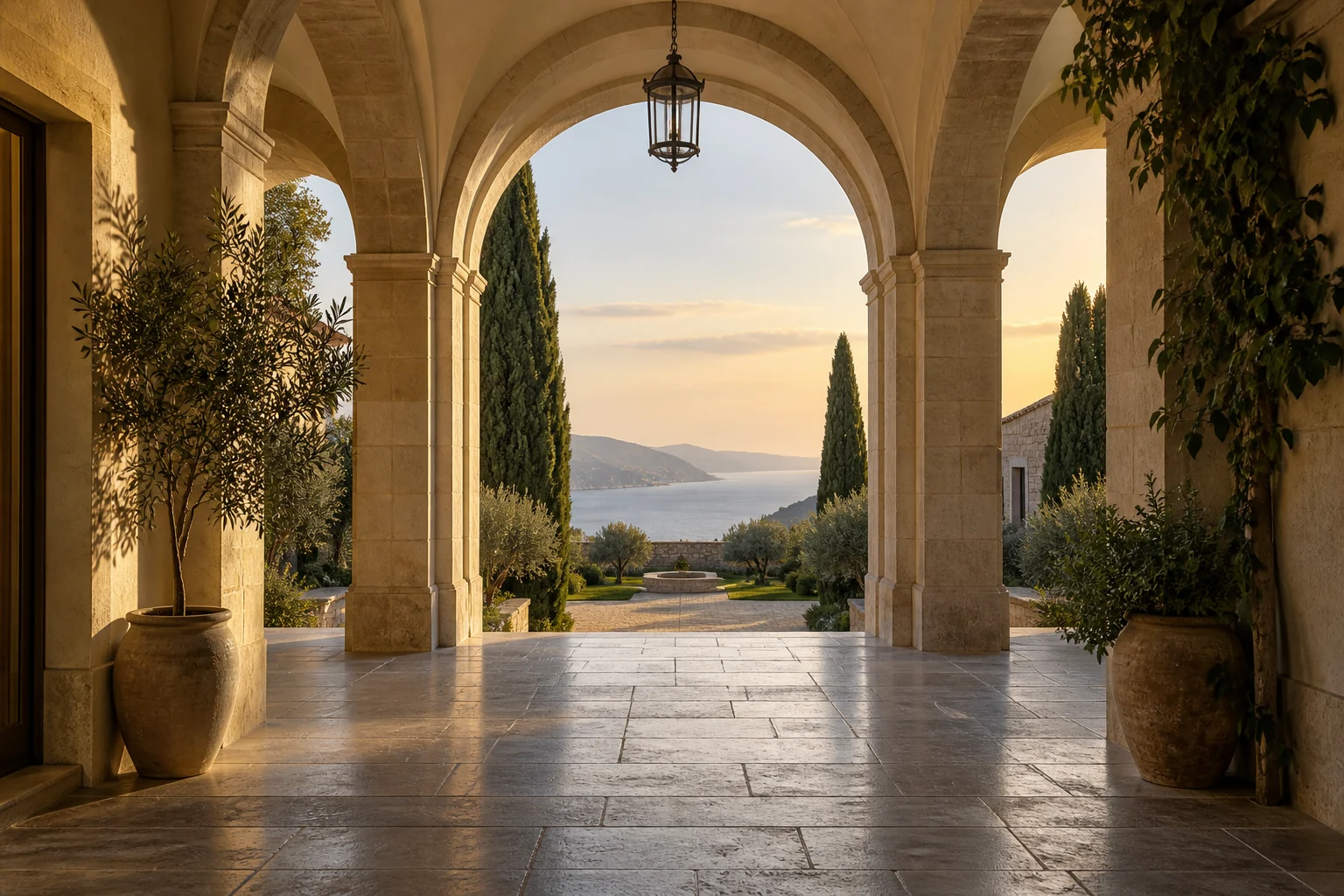 A sandstone archway at dusk