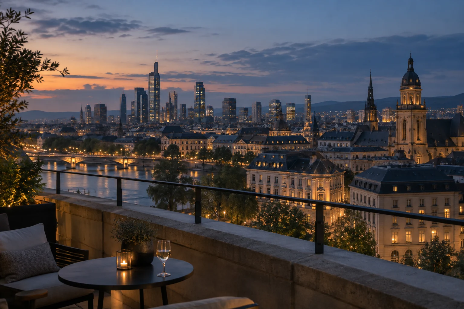 An international city skyline at dusk